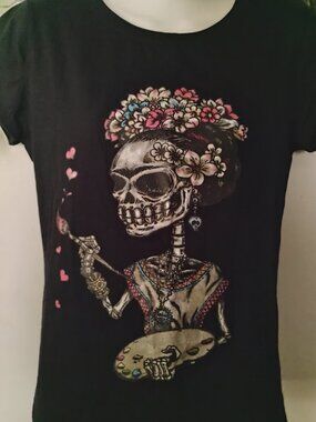 Frida Kahlo CUSTOM Girlie T-shirt sz XL Dia de Los Muertos Day of the Dead